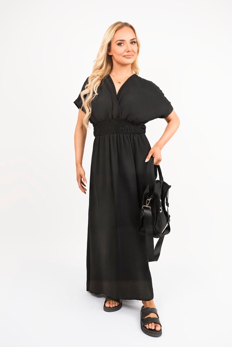 iKrush Neck Short Sleeve Maxi Dress With Shirred Waist Summer Day Dresses - Picture 12 of 25