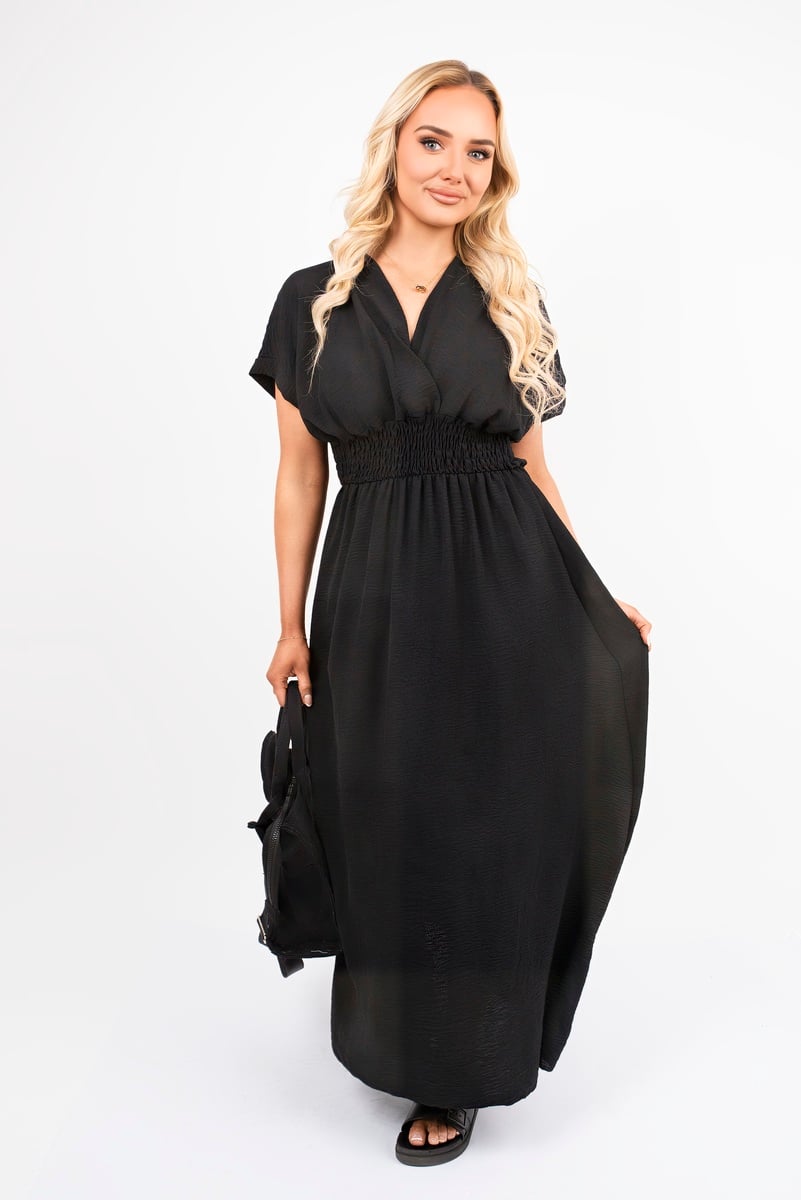 iKrush Neck Short Sleeve Maxi Dress With Shirred Waist Summer Day Dresses - Picture 10 of 25