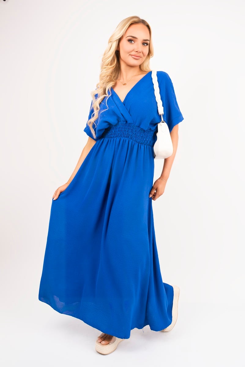 iKrush Neck Short Sleeve Maxi Dress With Shirred Waist Summer Day Dresses - Picture 22 of 25