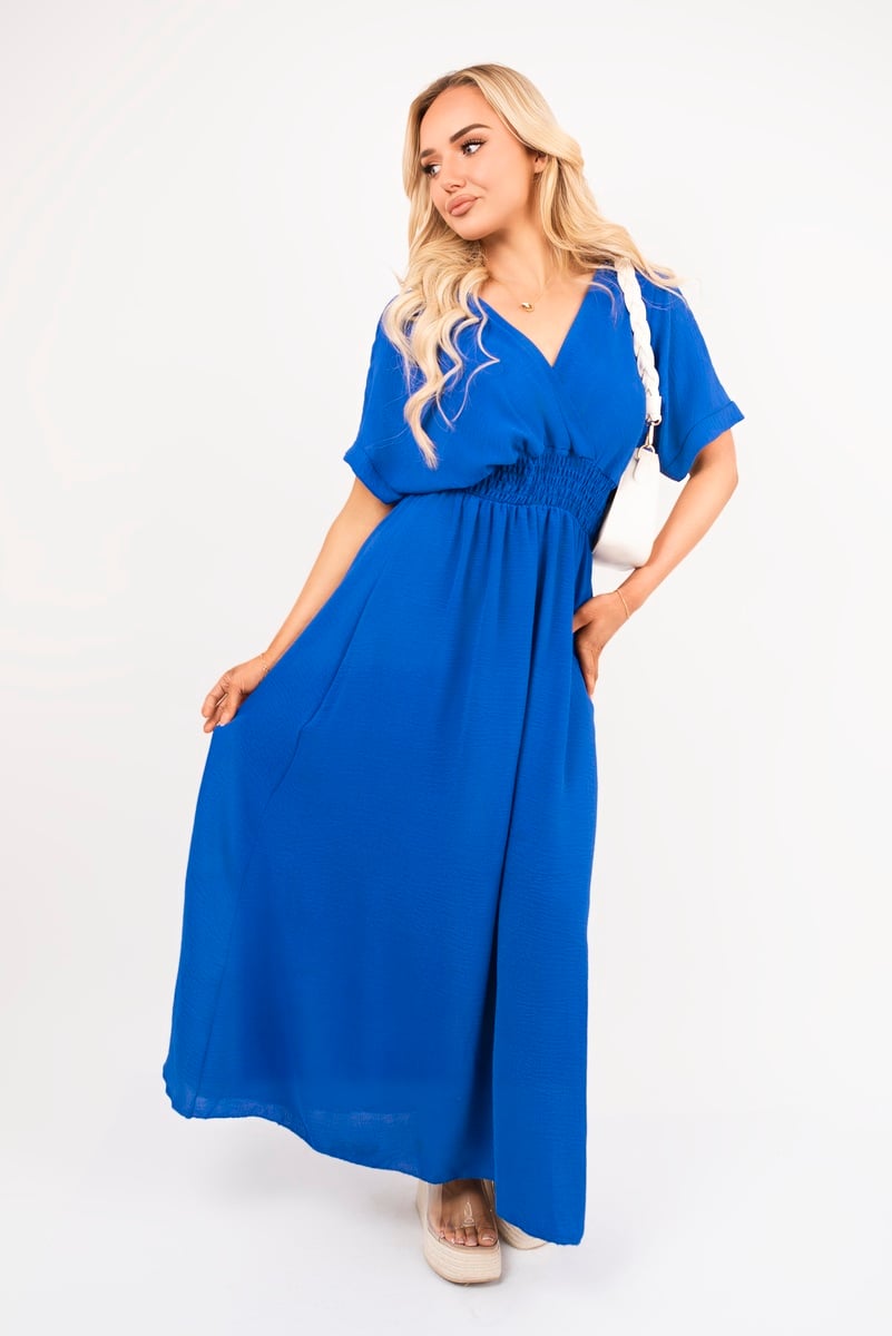 iKrush Neck Short Sleeve Maxi Dress With Shirred Waist Summer Day Dresses - Picture 24 of 25