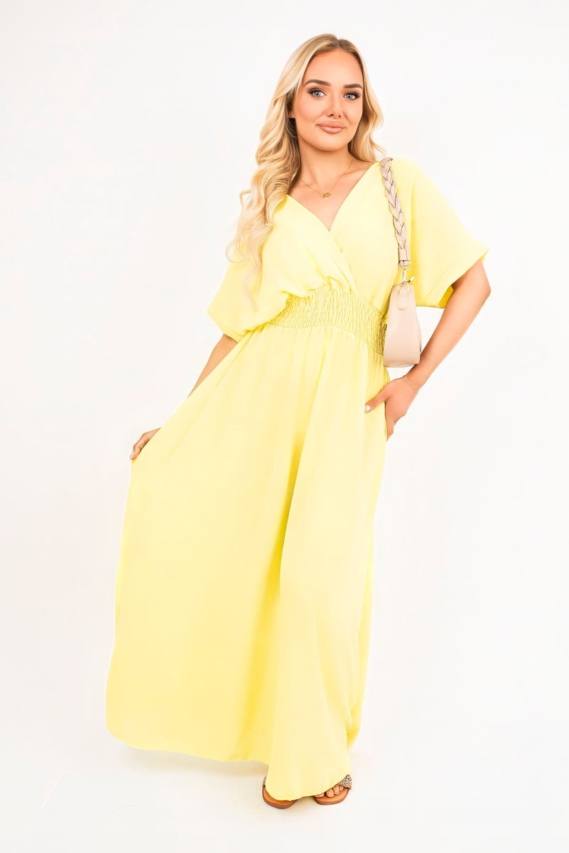 iKrush Neck Short Sleeve Maxi Dress With Shirred Waist Summer Day Dresses - Picture 17 of 25