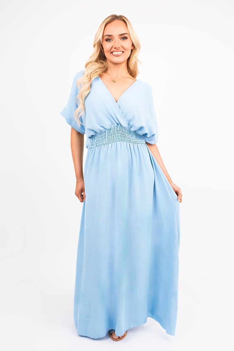 iKrush Neck Short Sleeve Maxi Dress With Shirred Waist Summer Day Dresses - Picture 21 of 25
