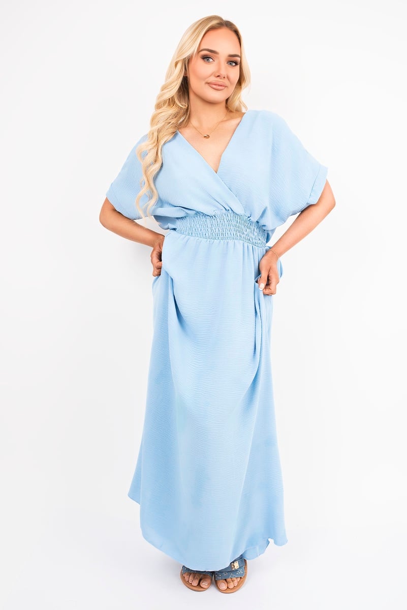 iKrush Neck Short Sleeve Maxi Dress With Shirred Waist Summer Day Dresses - Picture 18 of 25