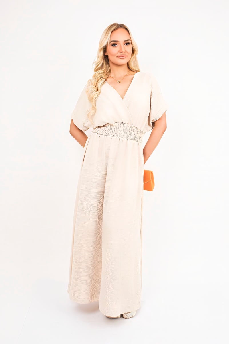 iKrush Neck Short Sleeve Maxi Dress With Shirred Waist Summer Day Dresses - Picture 9 of 25
