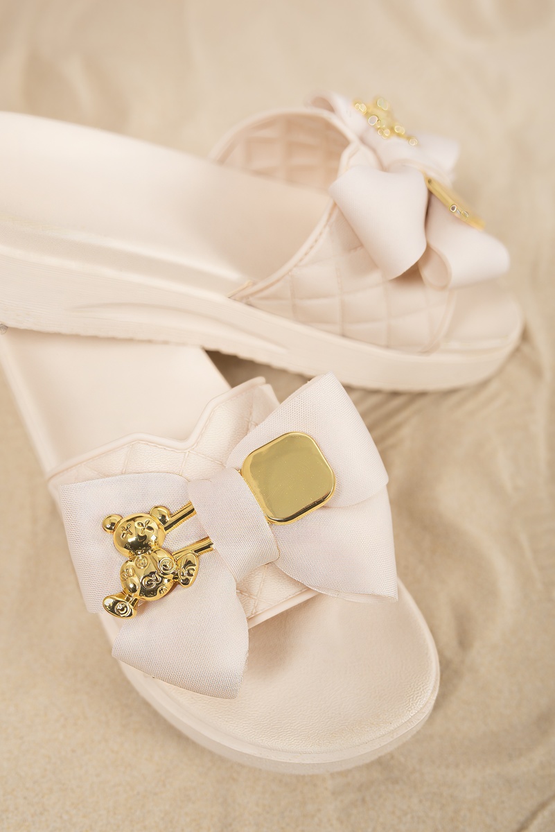 iKrush Slide Sandals With Bow And Gold Charm Detail   Peep-Toe Slip On Platform - Picture 4 of 5