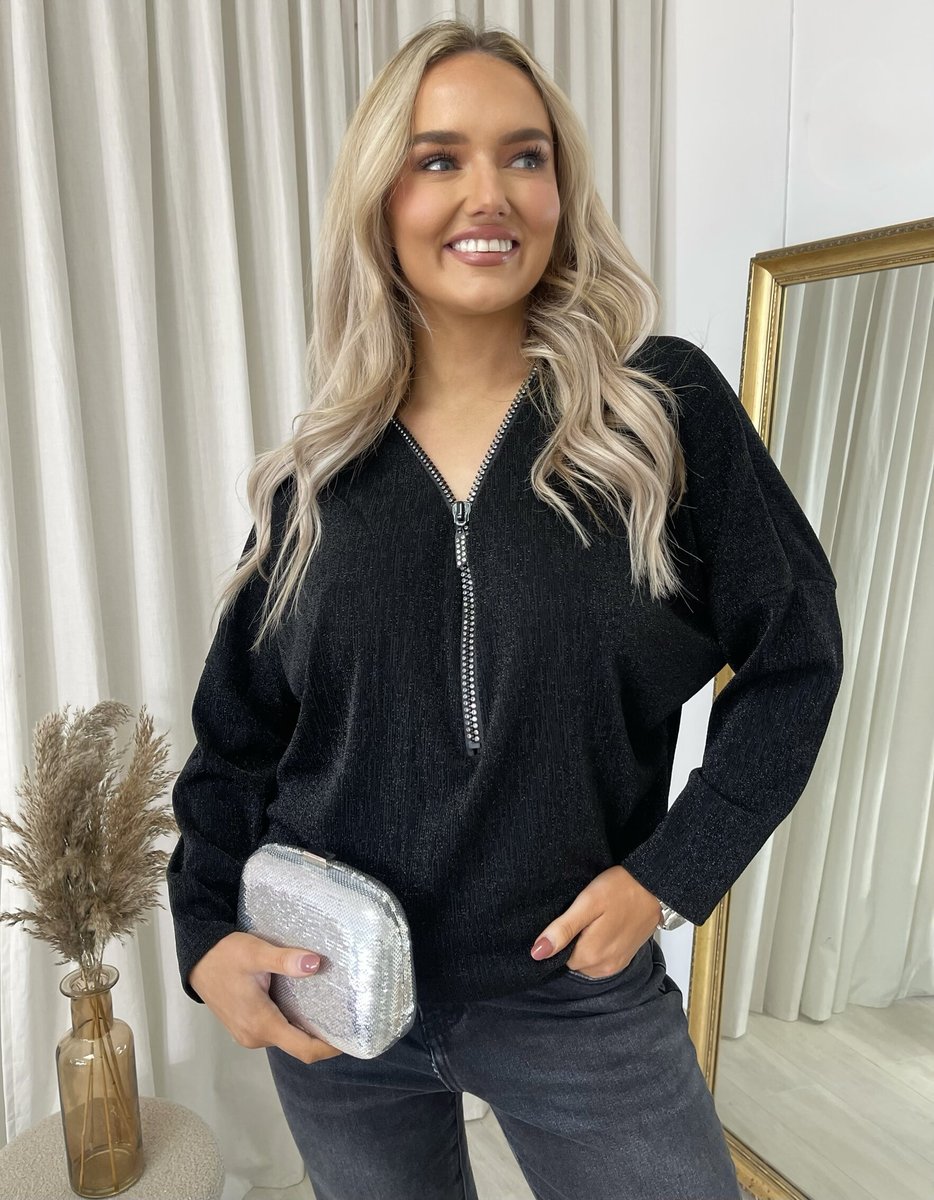 iKrush Zip Detail Glitz Top Blouse Regular Length V Neck Long Sleeve Casual - Picture 17 of 17