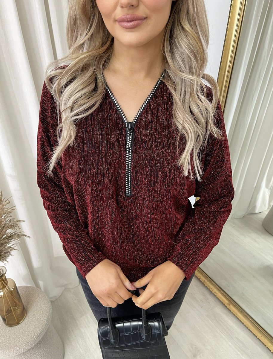 iKrush Zip Detail Glitz Top Blouse Regular Length V Neck Long Sleeve Casual - Picture 5 of 17