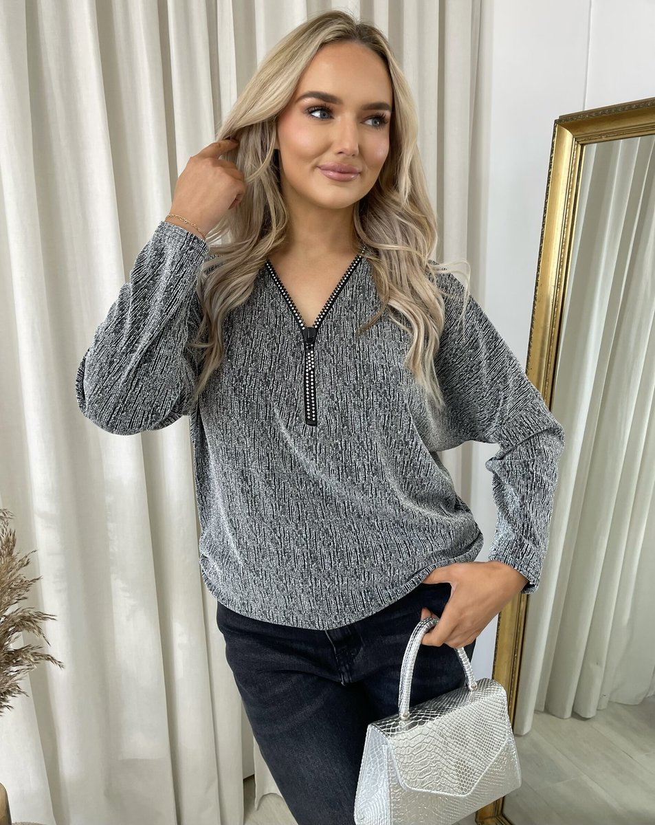 iKrush Zip Detail Glitz Top Blouse Regular Length V Neck Long Sleeve Casual - Picture 12 of 17
