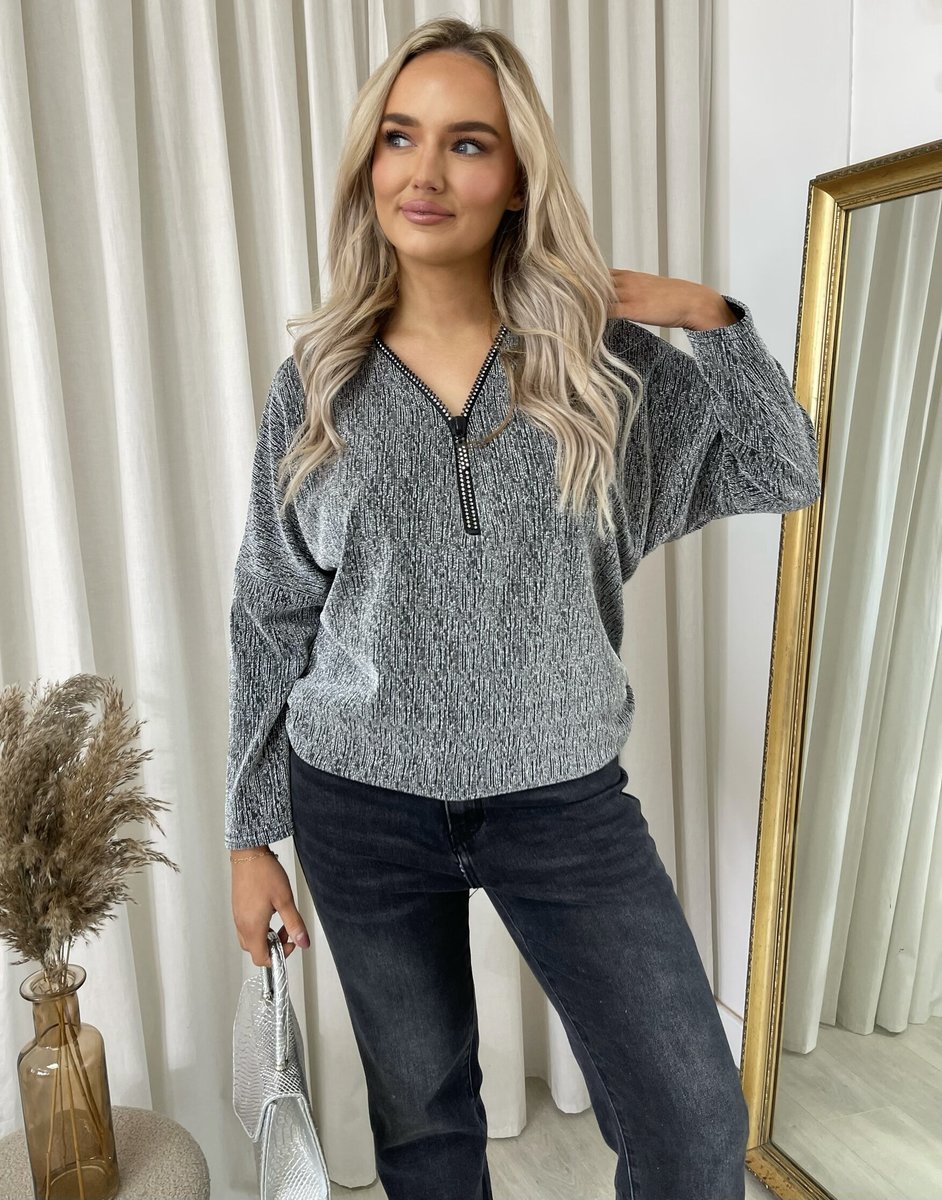 iKrush Zip Detail Glitz Top Blouse Regular Length V Neck Long Sleeve Casual - Picture 10 of 17