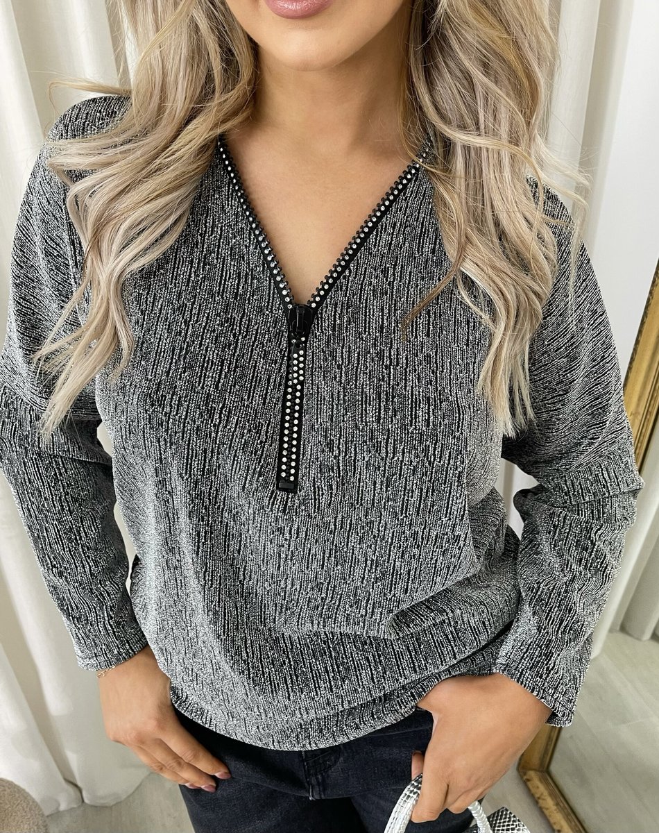 iKrush Zip Detail Glitz Top Blouse Regular Length V Neck Long Sleeve Casual - Picture 9 of 17