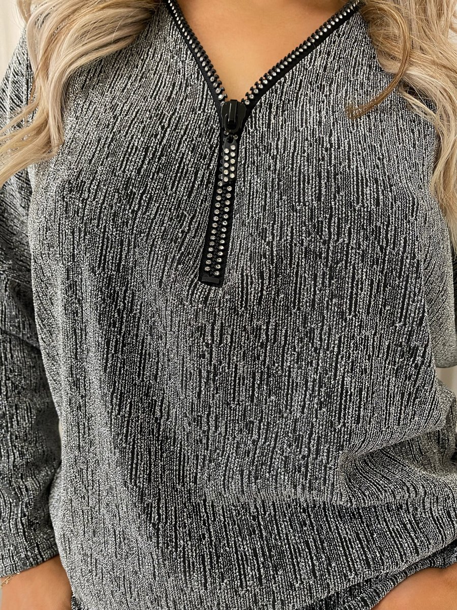 iKrush Zip Detail Glitz Top Blouse Regular Length V Neck Long Sleeve Casual - Picture 11 of 17