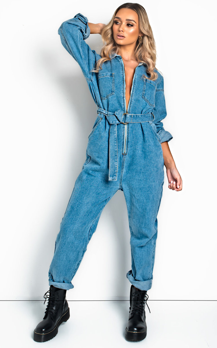 denim jumpsuit with boots